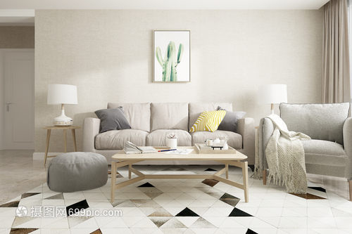 素色客厅中的花卉 简约与生机的完美交融